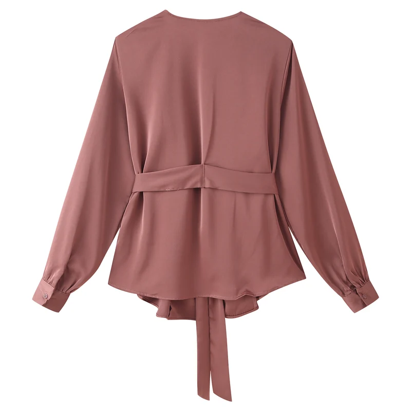 Damen Wickelbluse mit drapiertem V‑Ausschnitt und Taillengürtel Drune