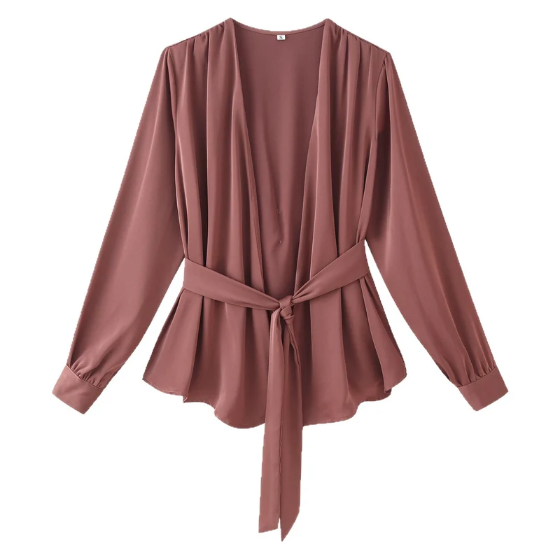 Damen Wickelbluse mit drapiertem V‑Ausschnitt und Taillengürtel Drune