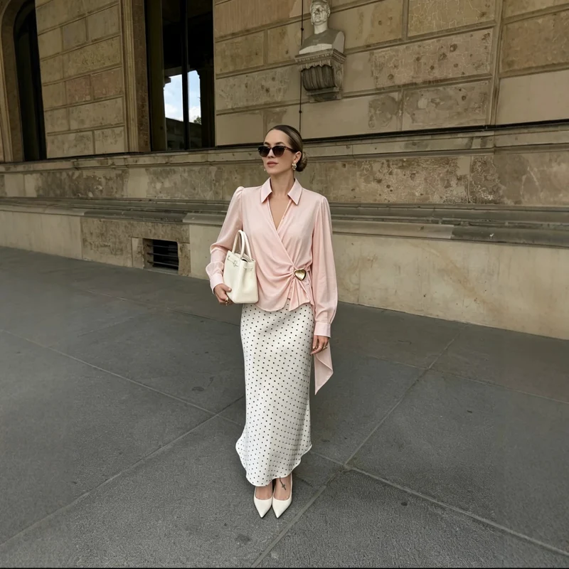Damen Wickelbluse aus seidigem Crêpe mit Drapierung, tiefem V‑Ausschnitt und goldem Zierknopf Drune