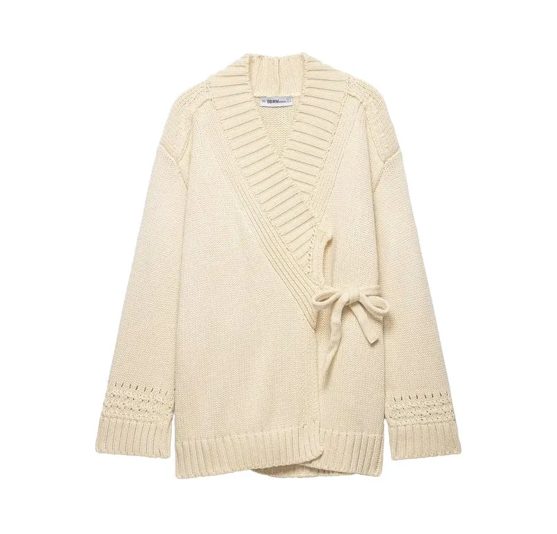Damen Wickel-Strickcardigan mit Schalkragen und Bindegürtel Drune
