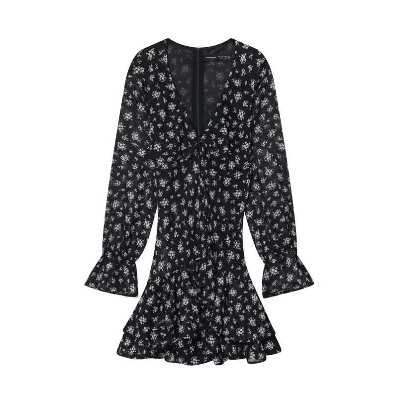 Damen Wickel-Minikleid mit Volantrock, tiefem V‑Ausschnitt und Trompetenärmeln Drune