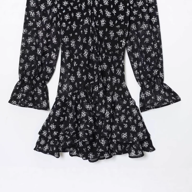 Damen Wickel-Minikleid mit Volantrock, tiefem V‑Ausschnitt und Trompetenärmeln Drune