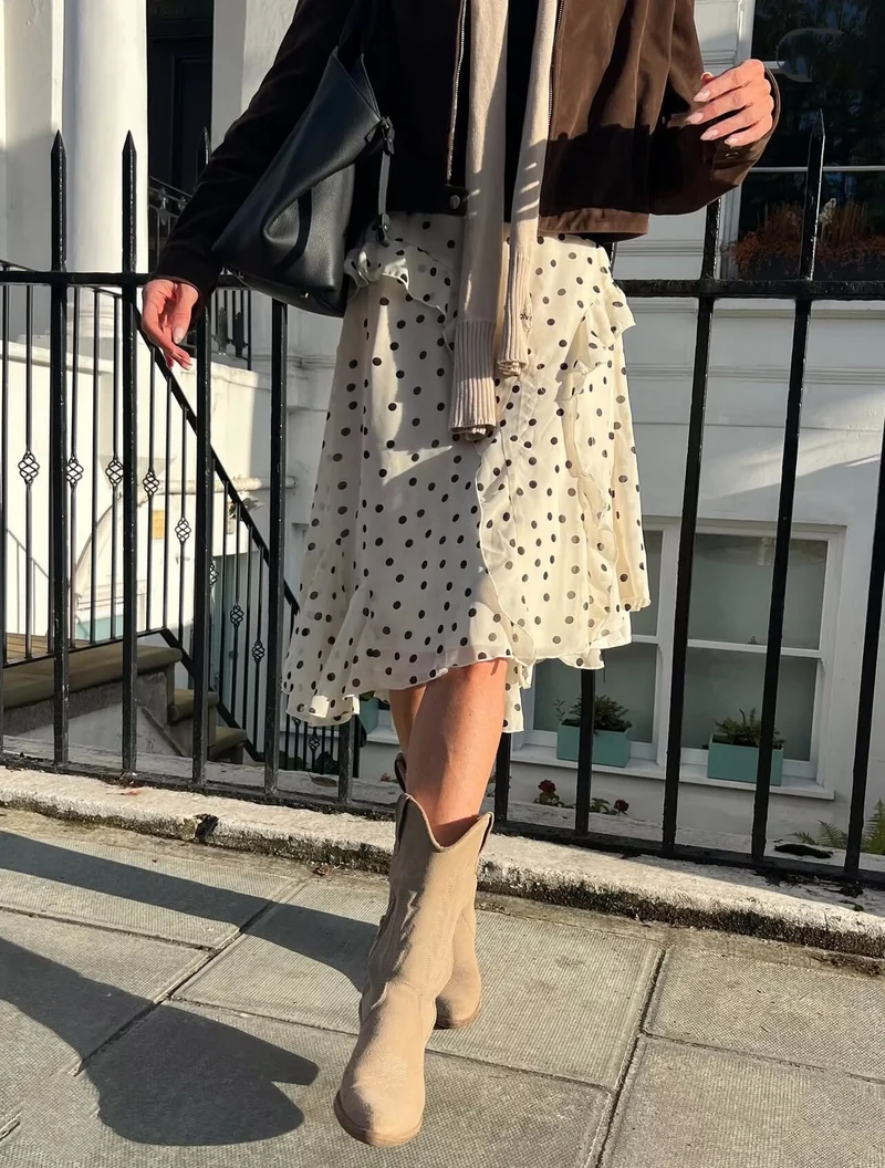 Damen Wickel-Midirock aus Chiffon mit Volants und Pünktchen-Design Drune