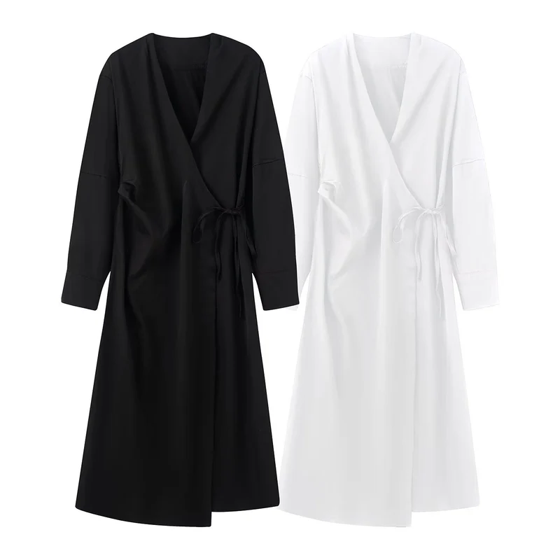 Damen Wickel‑Midikleid mit V‑Ausschnitt und Bindegürtel Drune