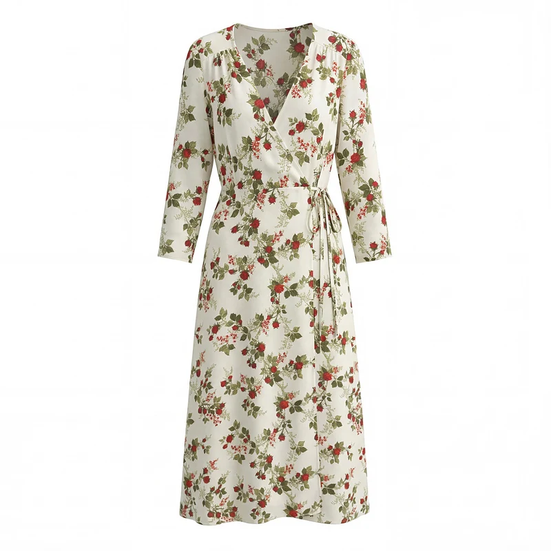 Damen Wickel-Midikleid mit V-Ausschnitt, Bindegürtel und floraler Allover-Print Drune