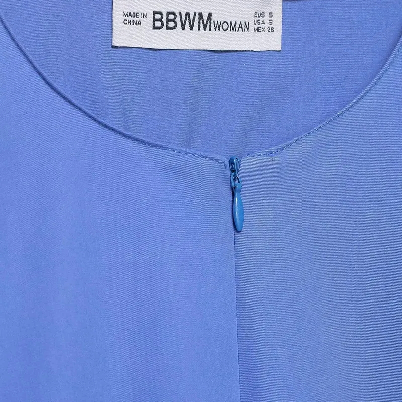 Damen weites Blusenshirt mit Ballonärmeln, Rundhalsausschnitt und kurzem Frontreißverschluss Drune