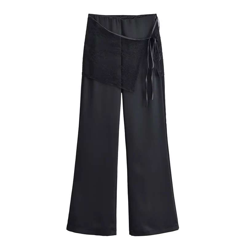 Damen weite Satinhose mit Spitzen‑Überwurf und Bindegürtel Drune