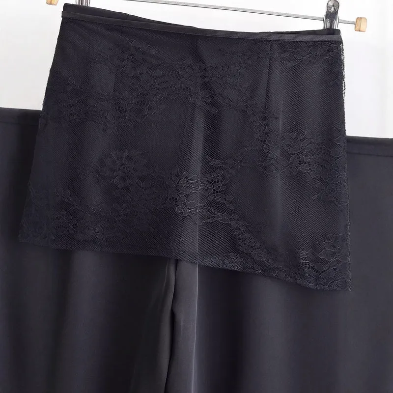 Damen weite Satinhose mit Spitzen‑Überwurf und Bindegürtel Drune