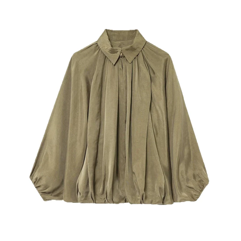 Damen Weite plissierte Cape-Übergangsjacke mit Reißverschluss und ballonförmigem Saum Drune