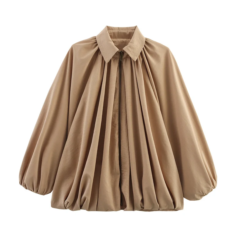 Damen Weite plissierte Cape-Übergangsjacke mit Reißverschluss und ballonförmigem Saum Drune