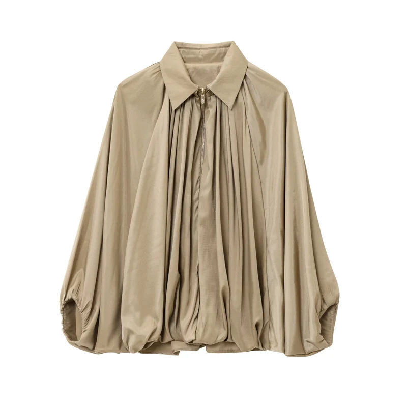 Damen Weite plissierte Cape-Übergangsjacke mit Reißverschluss und ballonförmigem Saum Drune