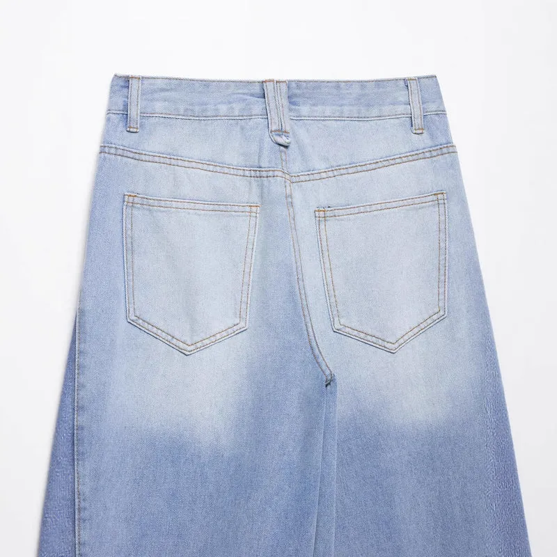 Damen weite Patchwork-Jeans mit hohem Bund, Kontrastseiten und rohem Saum Drune