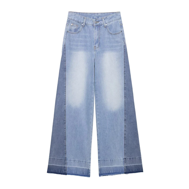 Damen weite Patchwork-Jeans mit hohem Bund, Kontrastseiten und rohem Saum Drune