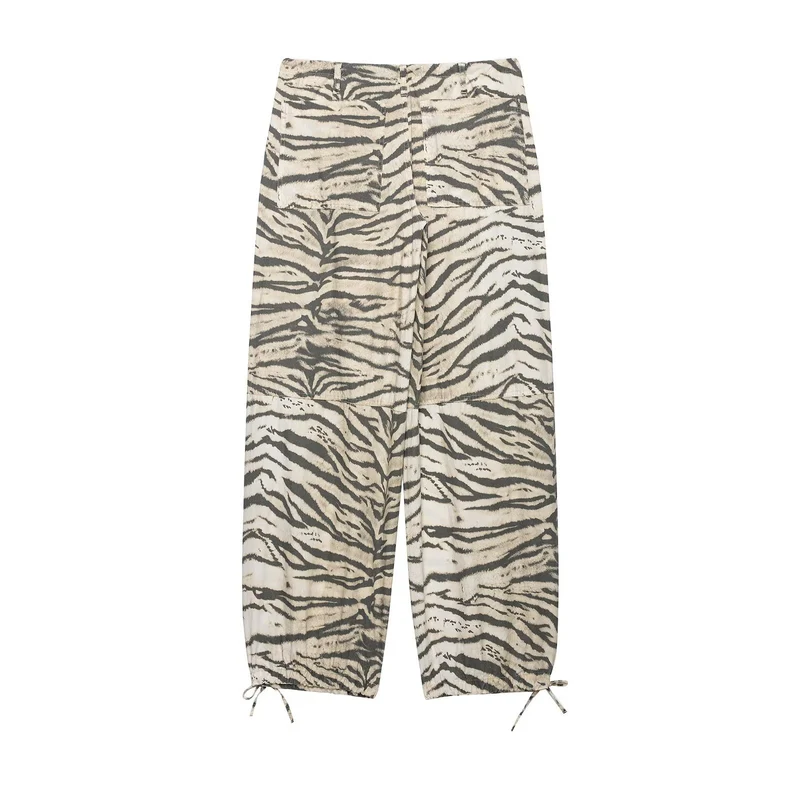 Damen Weite Palazzohose mit Tunnelzugbund, Kordelzügen und animalischem Print Drune