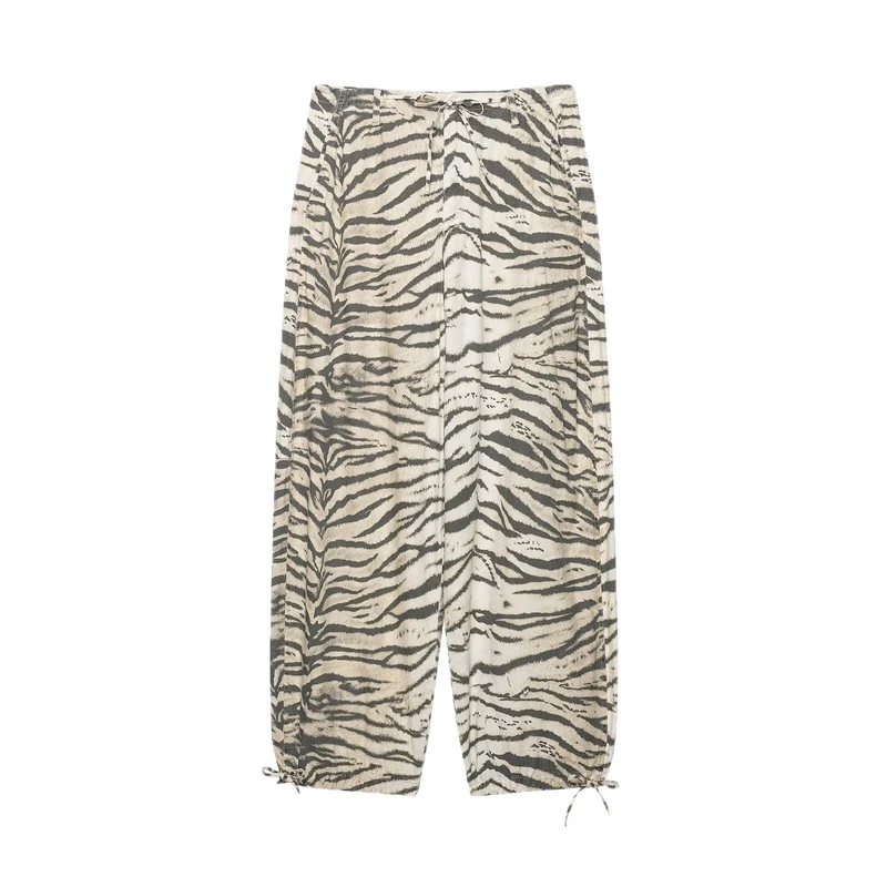 Damen Weite Palazzohose mit Tunnelzugbund, Kordelzügen und animalischem Print Drune