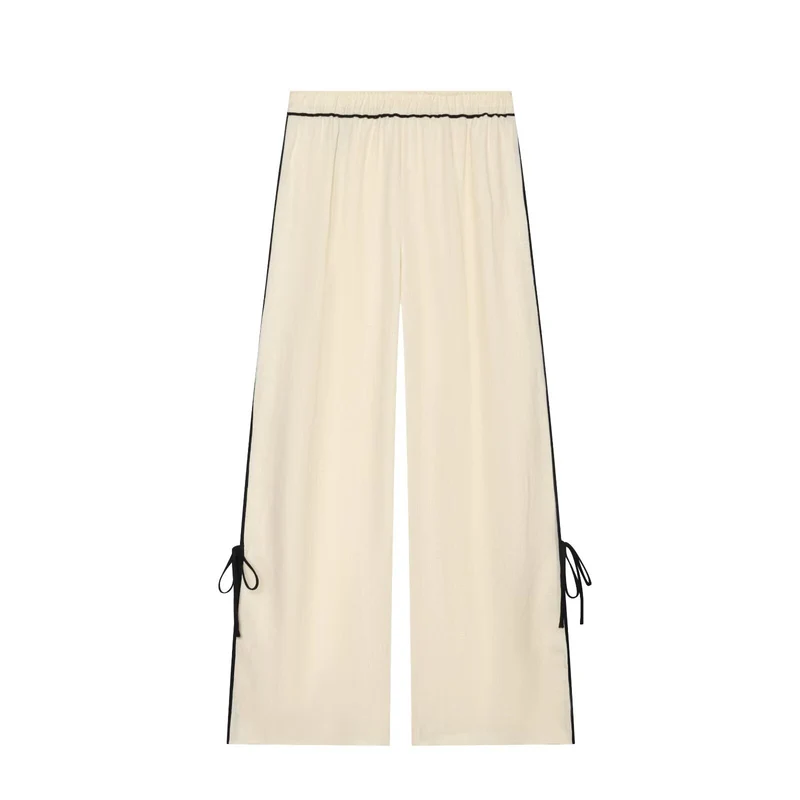 Damen Weite Leinenoptik-Hose mit hohem Elastikbund, Kontrastpaspel und Bein‑Schnürdetail Drune