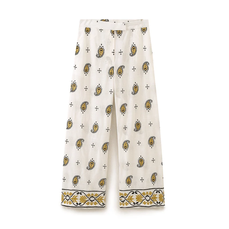 Damen Weite Leinenhose mit Paisley‑Print und besticktem Saum Drune