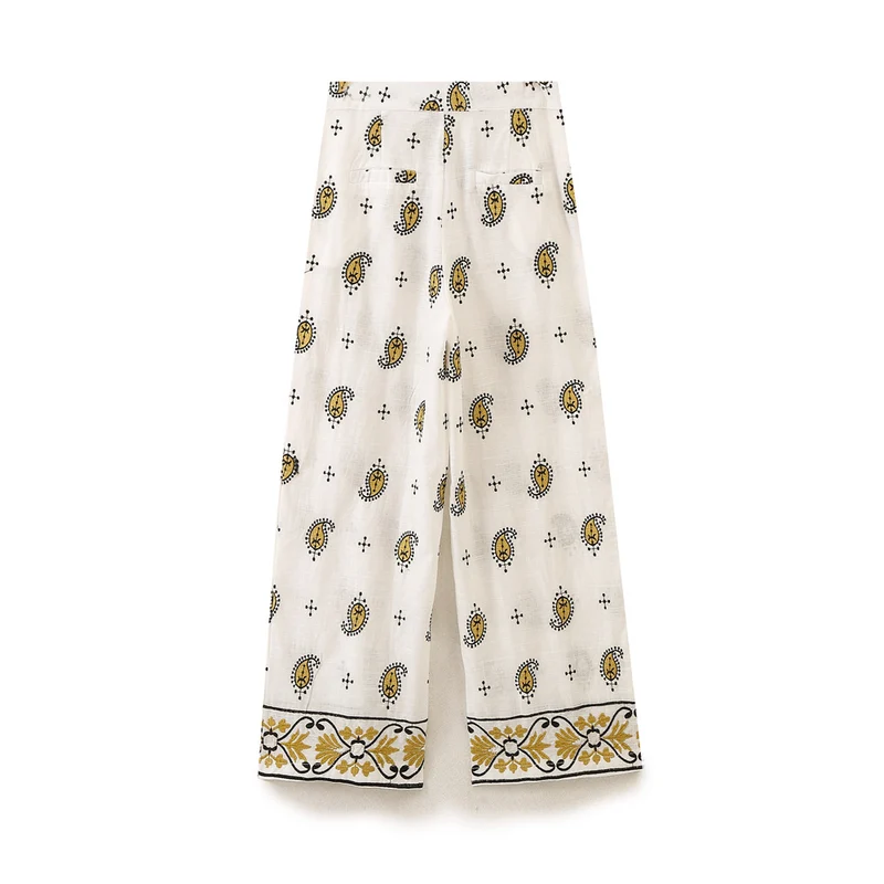 Damen Weite Leinenhose mit Paisley‑Print und besticktem Saum Drune