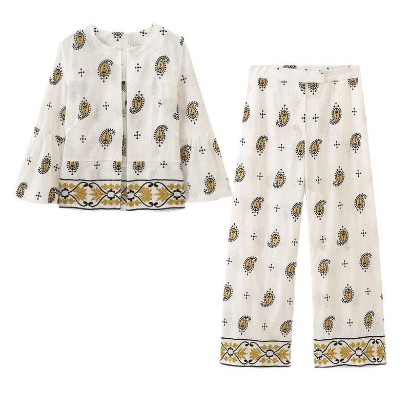 Damen Weite Leinenhose mit Paisley‑Print und besticktem Saum Drune
