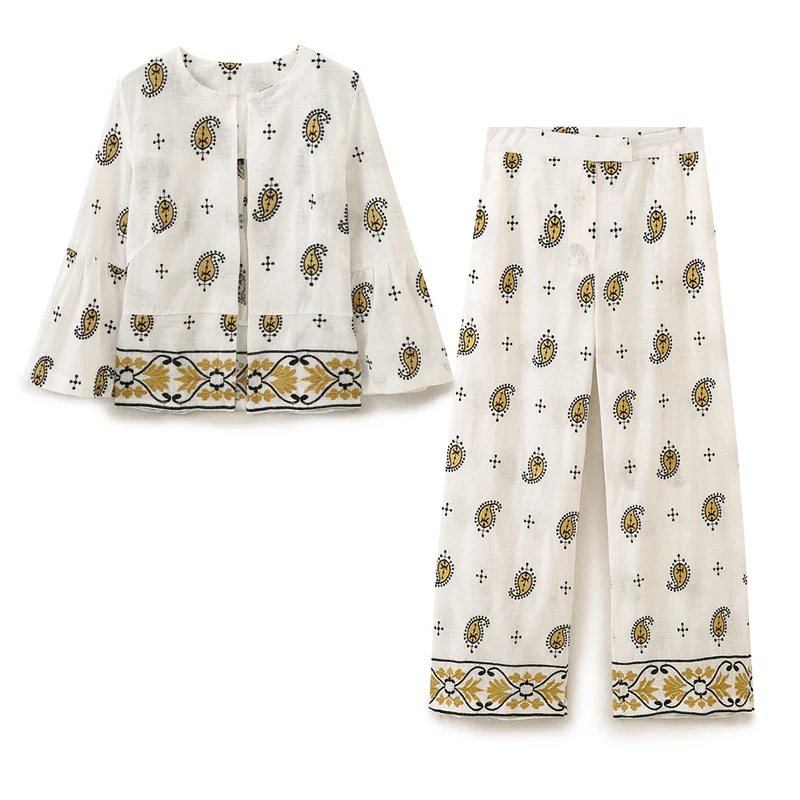 Damen Weite Leinenhose mit Paisley‑Print und besticktem Saum Drune