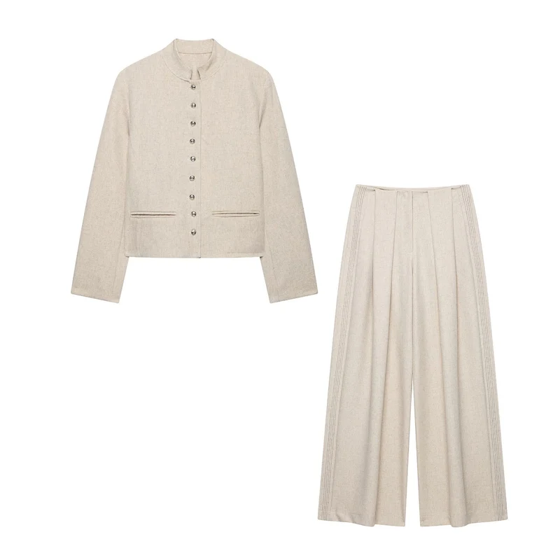 Damen Weite Leinenhose mit Kellerfalten und Ziersteppungen Drune