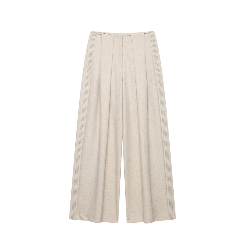 Damen Weite Leinenhose mit Kellerfalten und Ziersteppungen Drune