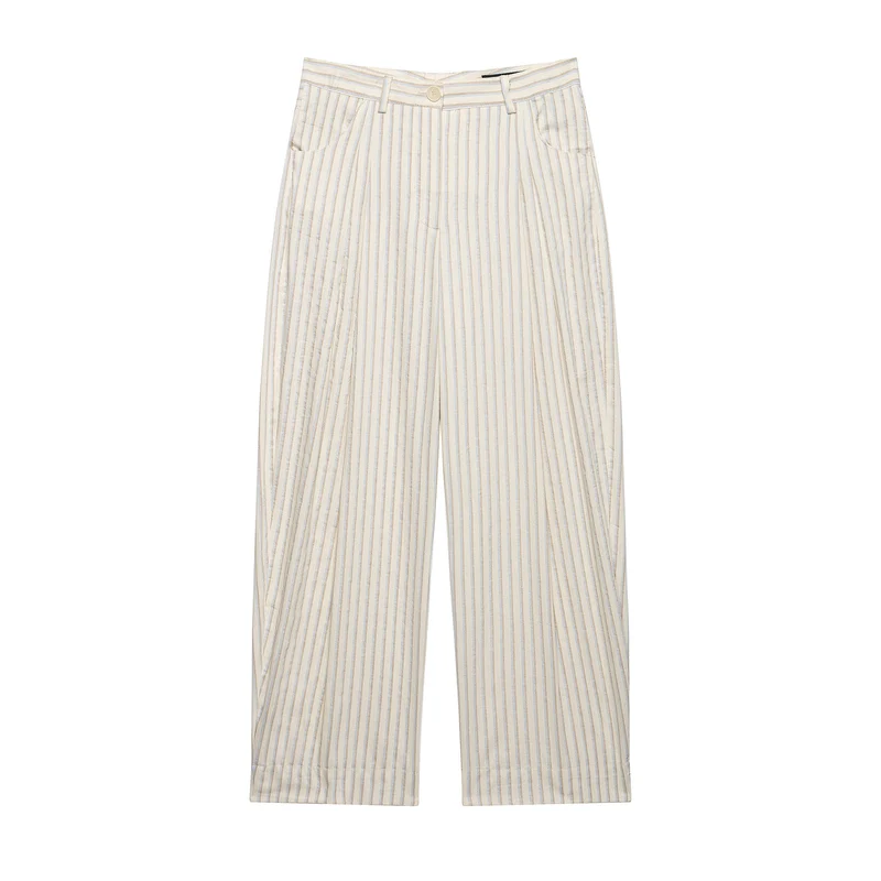 Damen Weite Leinenhose mit hoher Taille, Streifenmuster und aufgesetzten Taschen Drune