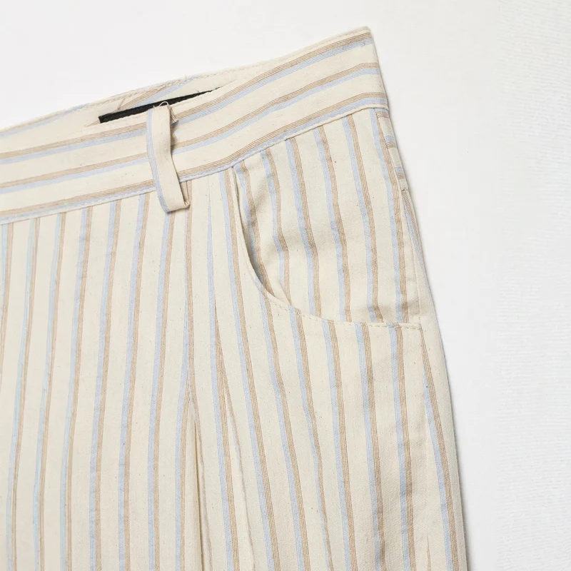 Damen Weite Leinenhose mit hoher Taille, Streifenmuster und aufgesetzten Taschen Drune