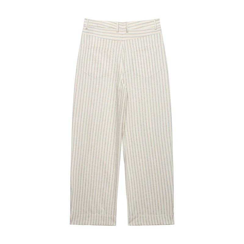 Damen Weite Leinenhose mit hoher Taille, Streifenmuster und aufgesetzten Taschen Drune