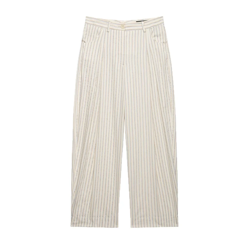 Damen Weite Leinenhose mit hoher Taille, Streifenmuster und aufgesetzten Taschen Drune