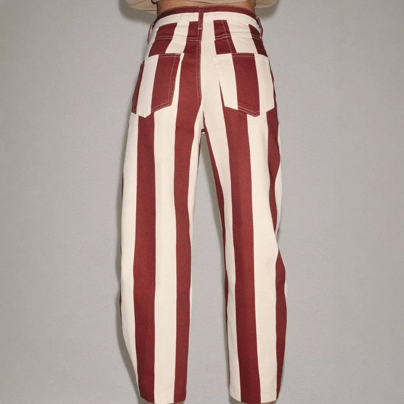 Damen Weite Hose mit hohem Bund, weitem Bein und markantem Streifenmuster Drune