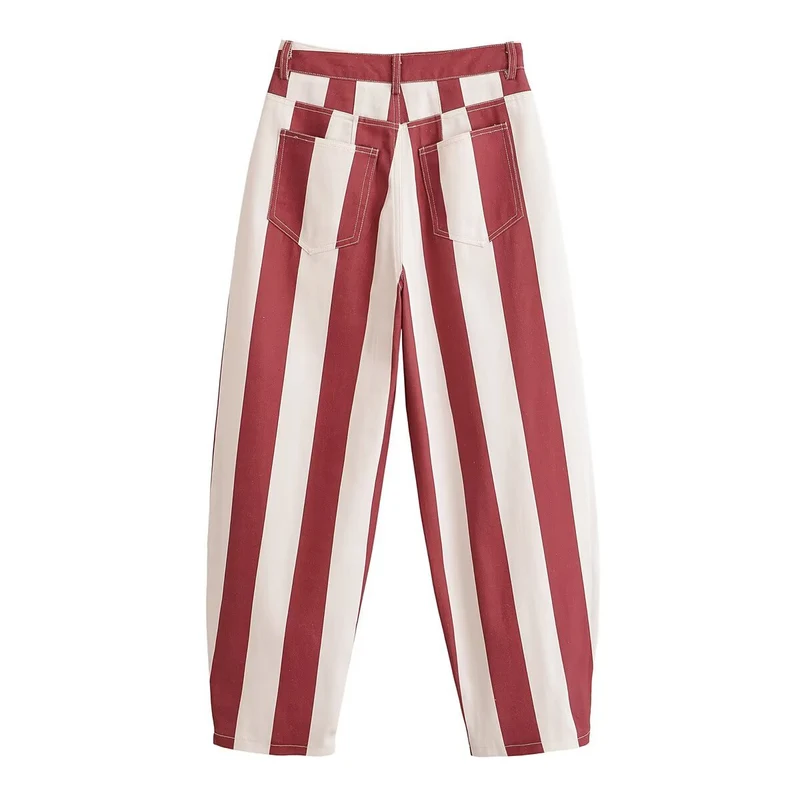 Damen Weite Hose mit hohem Bund, weitem Bein und markantem Streifenmuster Drune