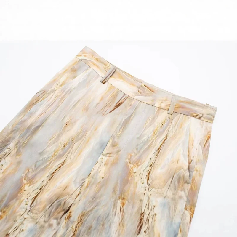 Damen Weite Highwaist-Hose mit Marmorprint und Bügelfalte Drune