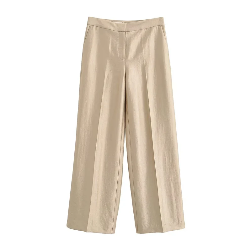 Damen Weite Highwaist-Hose mit Bügelfalte und fließender Satinoptik Drune