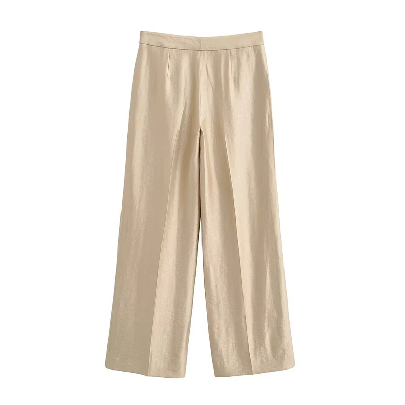 Damen Weite Highwaist-Hose mit Bügelfalte und fließender Satinoptik Drune