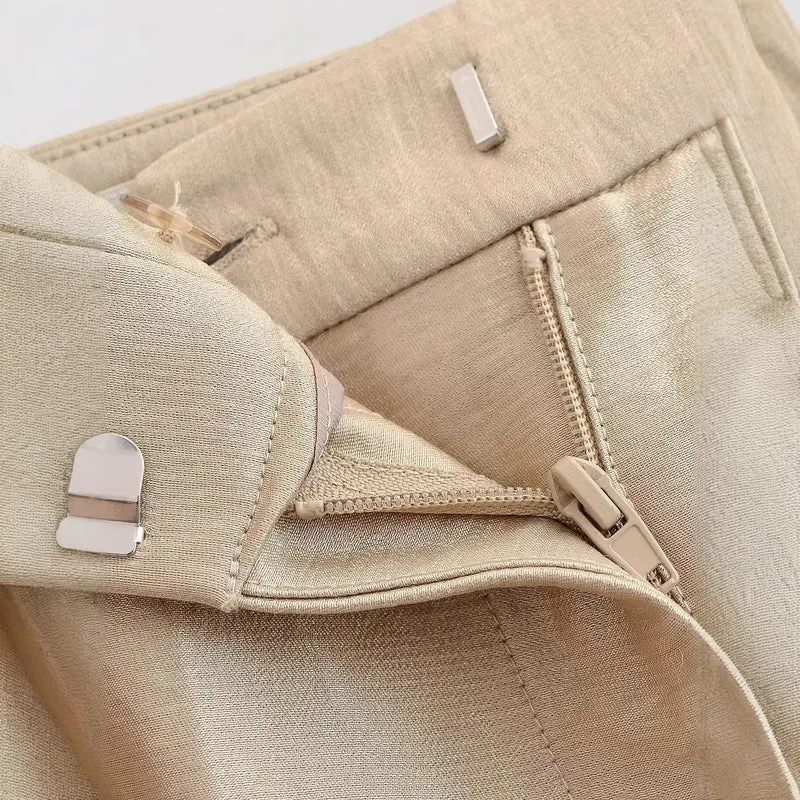 Damen Weite Highwaist-Hose mit Bügelfalte und fließender Satinoptik Drune