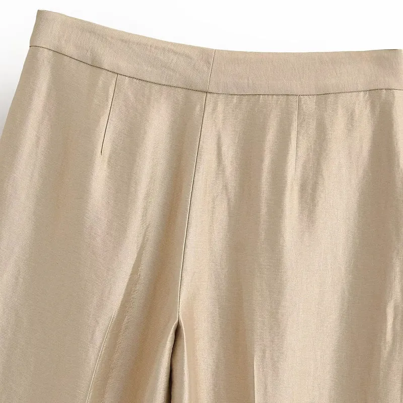 Damen Weite Highwaist-Hose mit Bügelfalte und fließender Satinoptik Drune