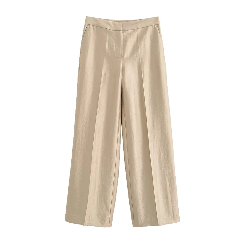Damen Weite Highwaist-Hose mit Bügelfalte und fließender Satinoptik Drune