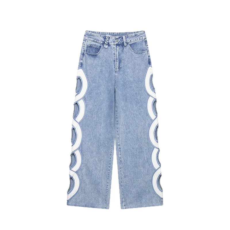 Damen Weite High Waist Jeans mit seitlichen Rundcutouts und Zierborte Drune