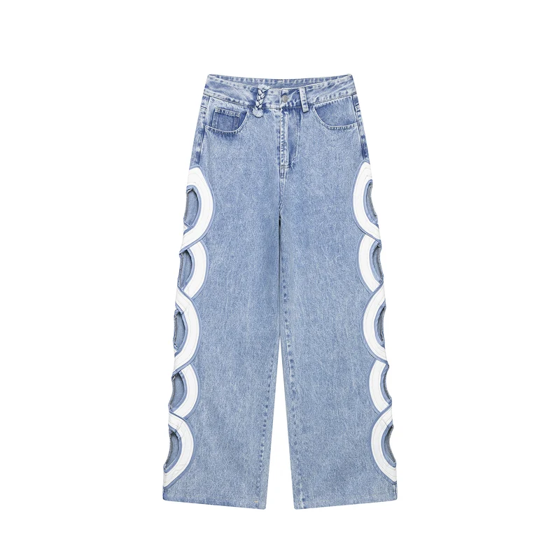 Damen Weite High Waist Jeans mit seitlichen Rundcutouts und Zierborte Drune