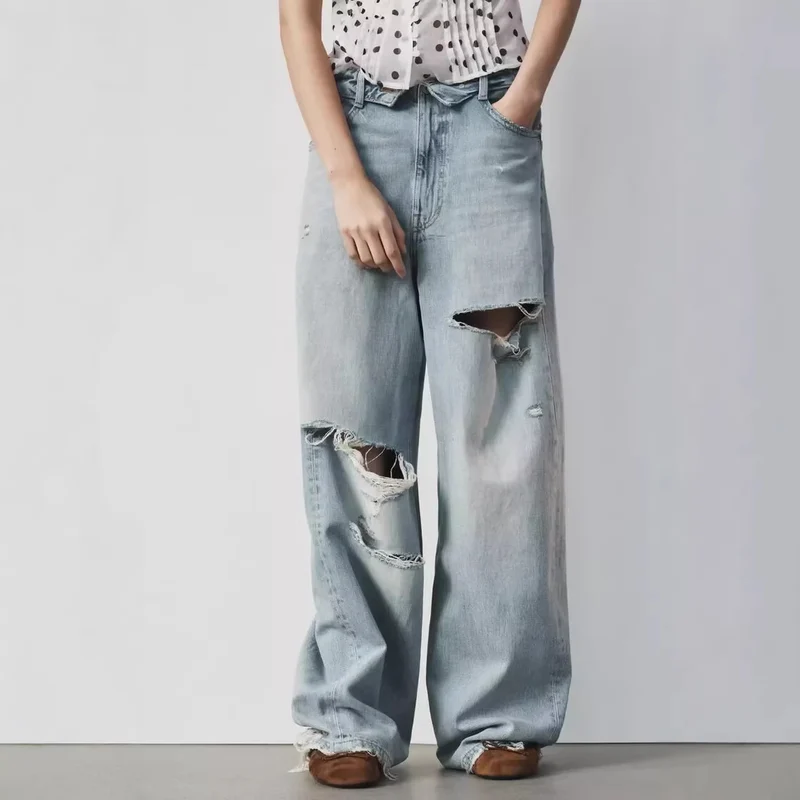 Damen Weite High‑Waist Jeans mit markanter Riss‑ und Used‑Optik Drune