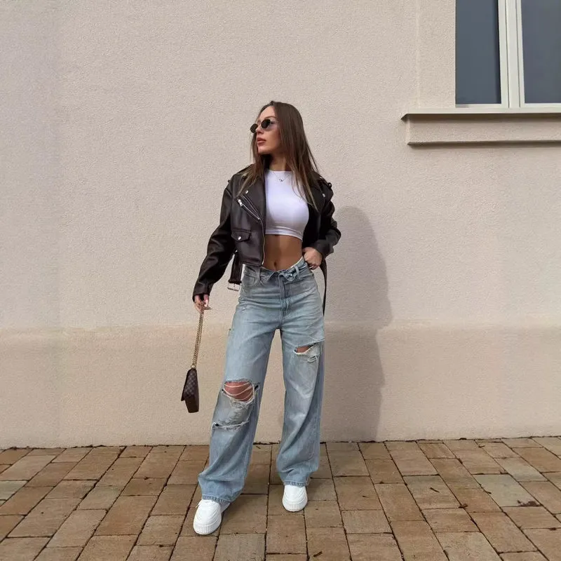 Damen Weite High‑Waist Jeans mit markanter Riss‑ und Used‑Optik Drune