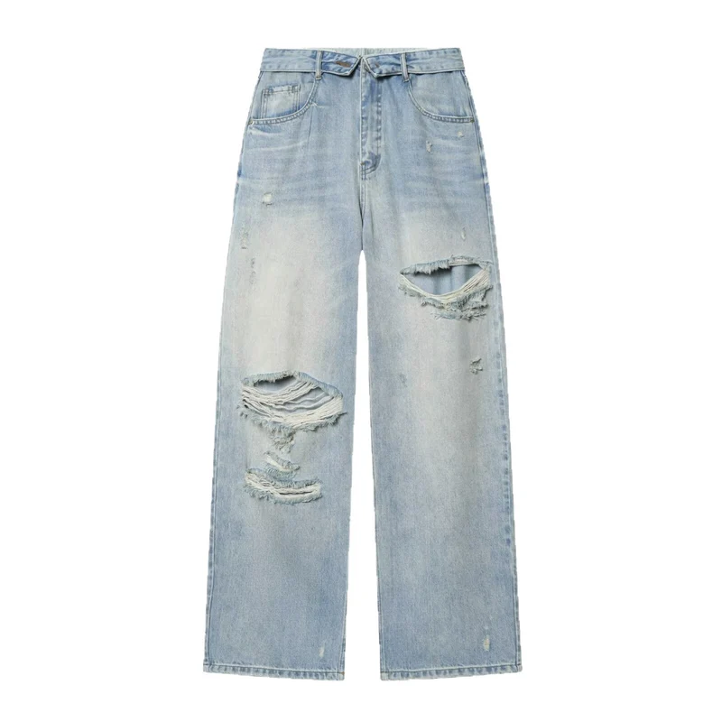 Damen Weite High‑Waist Jeans mit markanter Riss‑ und Used‑Optik Drune