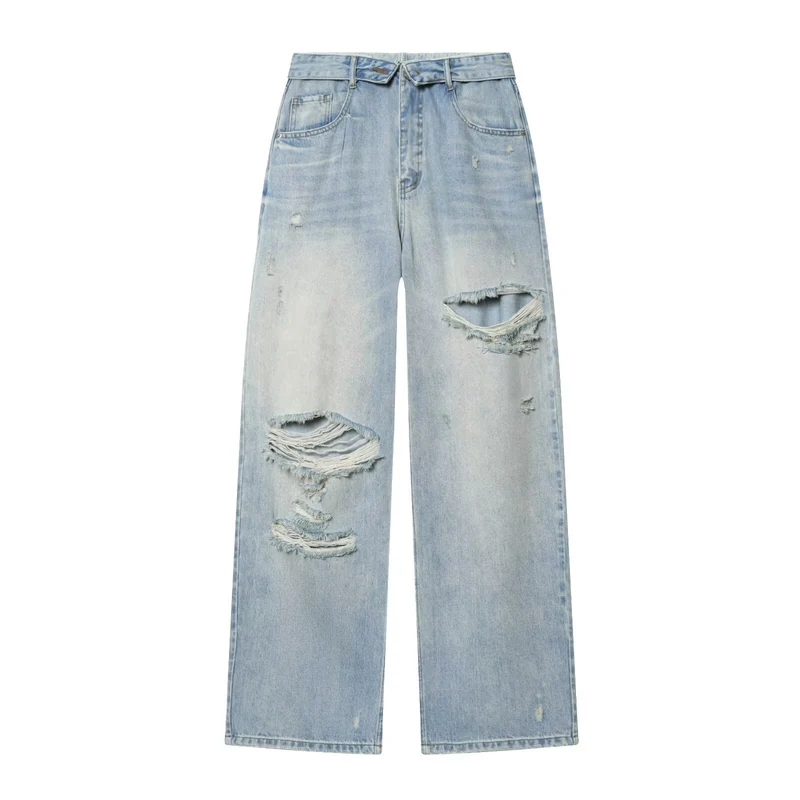 Damen Weite High‑Waist Jeans mit markanter Riss‑ und Used‑Optik Drune