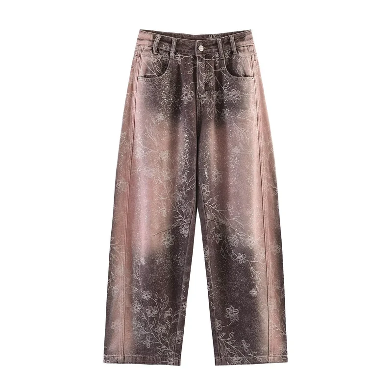 Damen Weite High‑Waist‑Jeans mit floralem Allover‑Print und Used‑Farbverlauf Drune