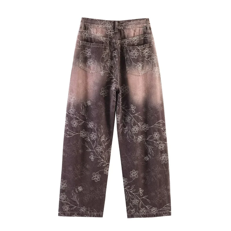 Damen Weite High‑Waist‑Jeans mit floralem Allover‑Print und Used‑Farbverlauf Drune