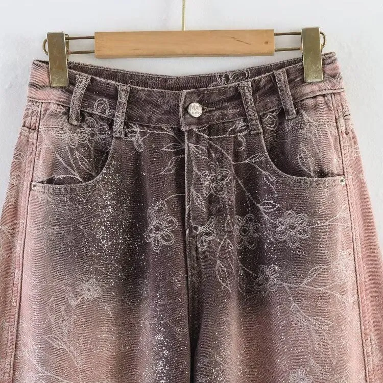 Damen Weite High‑Waist‑Jeans mit floralem Allover‑Print und Used‑Farbverlauf Drune