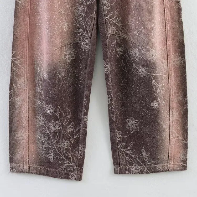 Damen Weite High‑Waist‑Jeans mit floralem Allover‑Print und Used‑Farbverlauf Drune