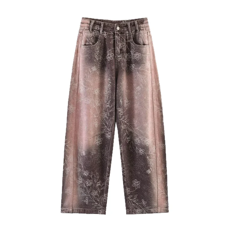 Damen Weite High‑Waist‑Jeans mit floralem Allover‑Print und Used‑Farbverlauf Drune