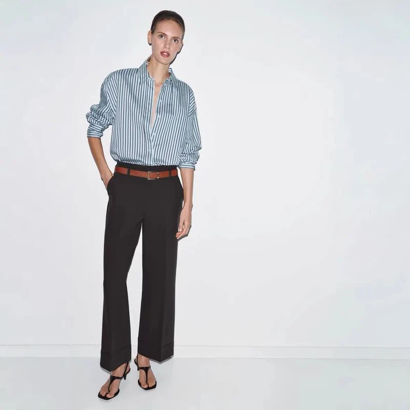 Damen Weite High‑Waist‑Hose mit Umschlagsaum, Bügelfalte und Taillengürtel Drune
